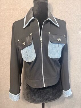 Black Jacket with Light Blue Denim-Trim Collar and Pocket Accents